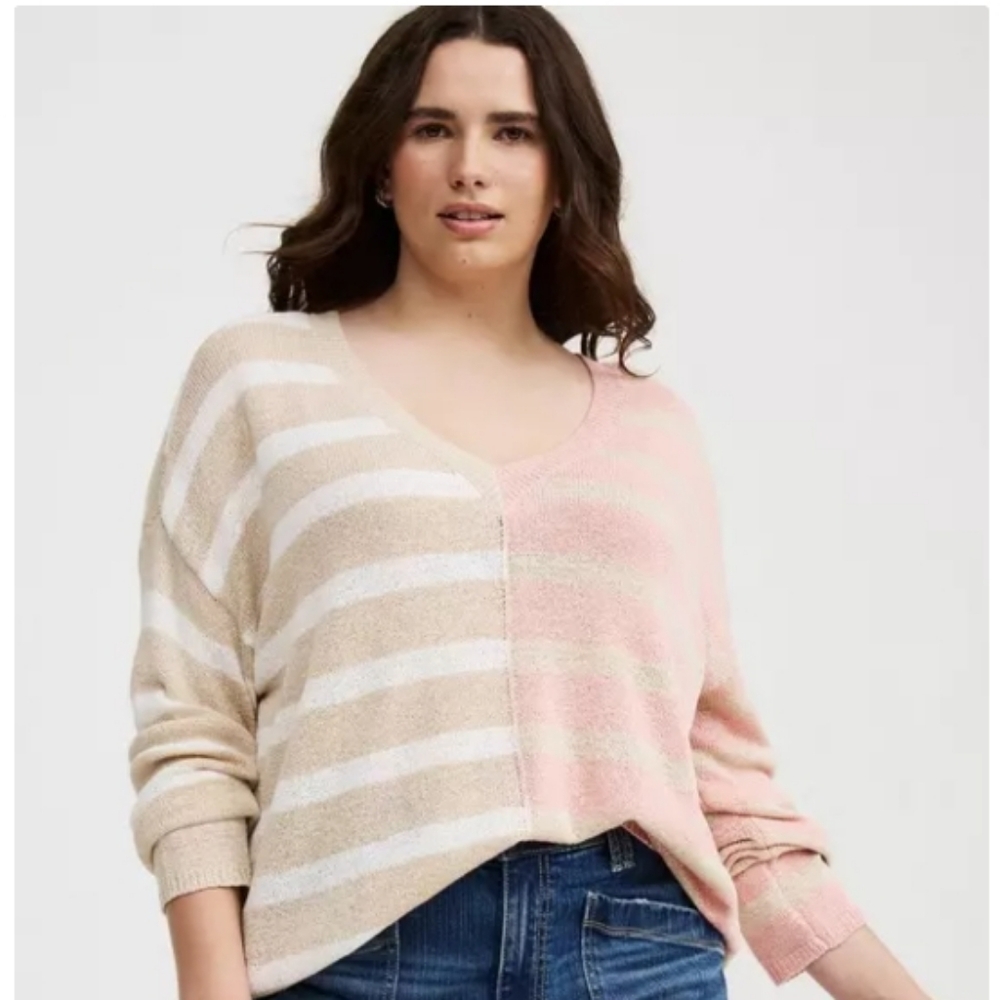 Torrid Pink and Cream V-Neck Sweater
